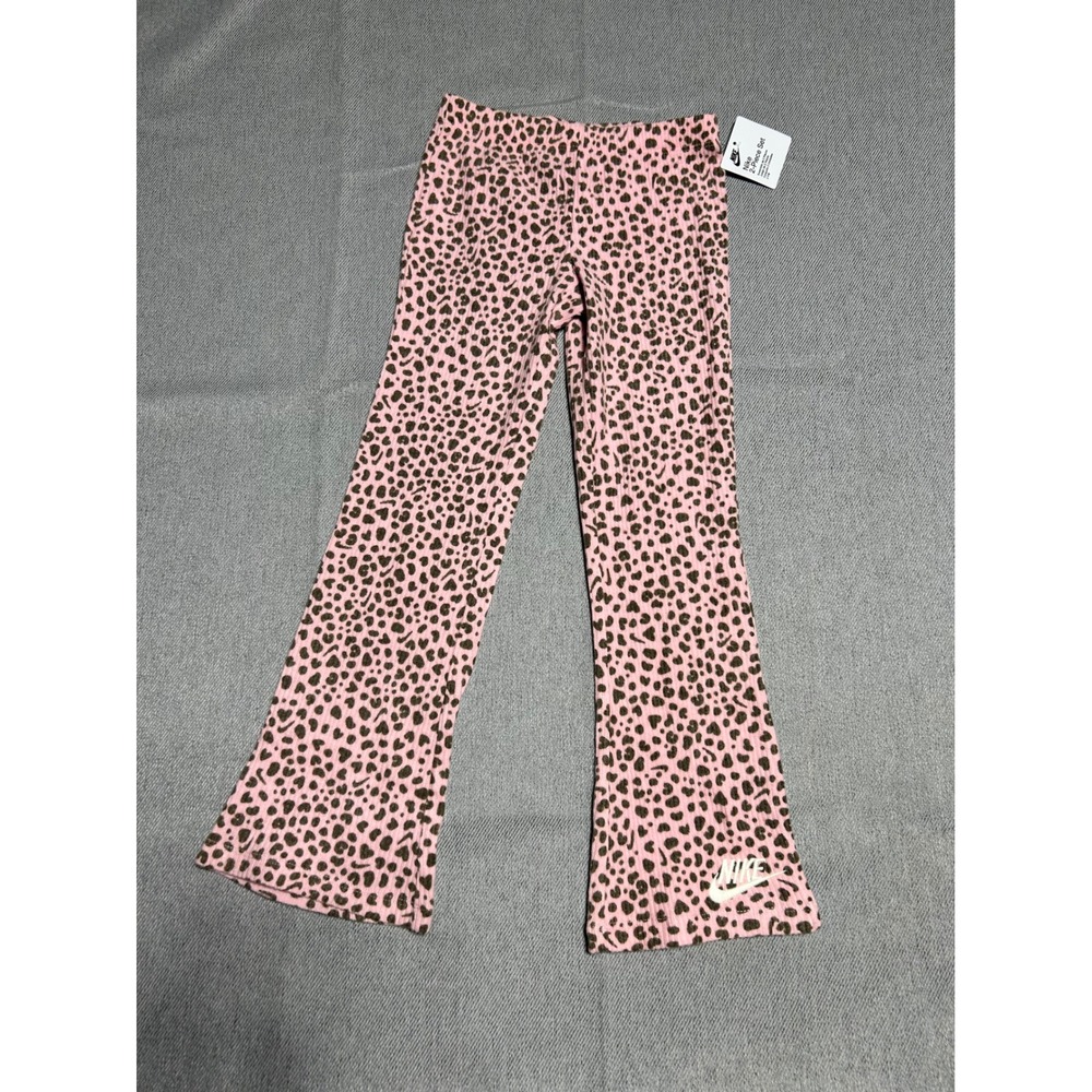 Nike Flare Leggings Girls L (6X)  Pink Leopard Ribbed Knit Pants Animal Print